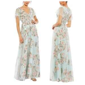 Mac Duggal 70125 Beaded Bodice Floral Mesh Flutter Sleeve Dress Size 8 $798